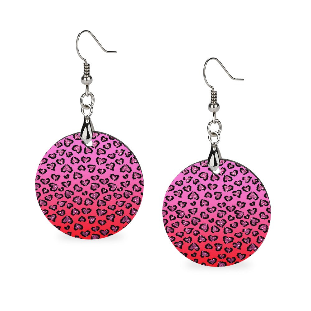 Wooden Pink Leopard Hearts Earrings