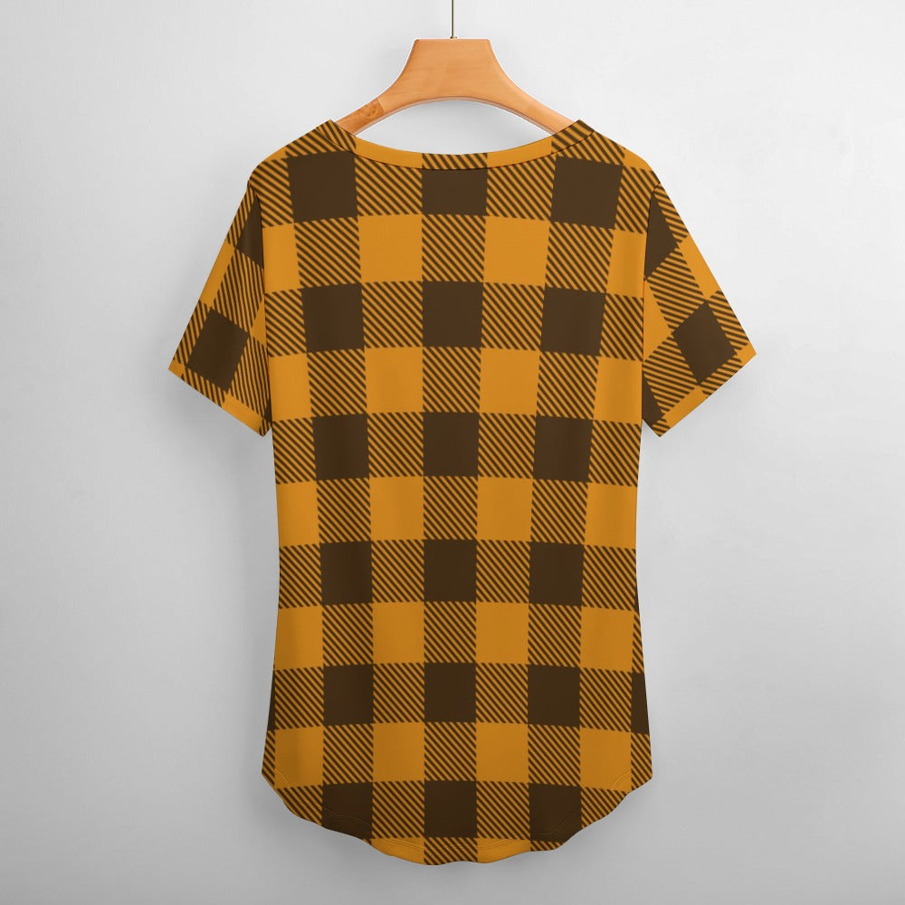 Buffalo Plaid  Stand Tall V-Neck Loose Short Sleeve T-Shirt