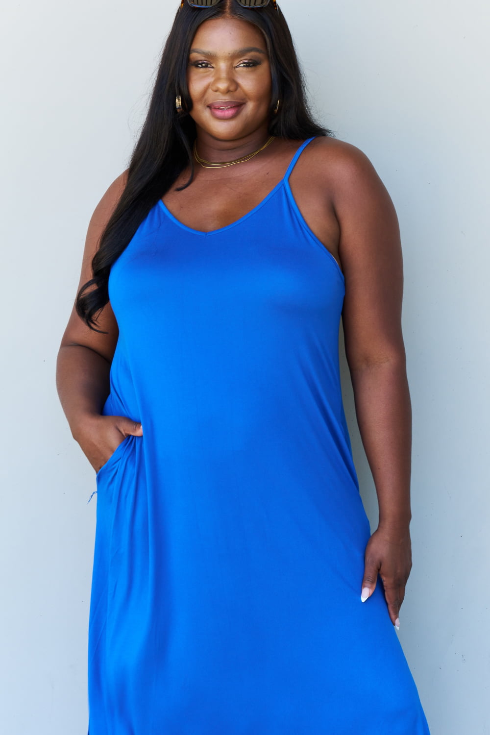 Good Energy Full Size Cami Side Slit Maxi Dress in Royal Blue