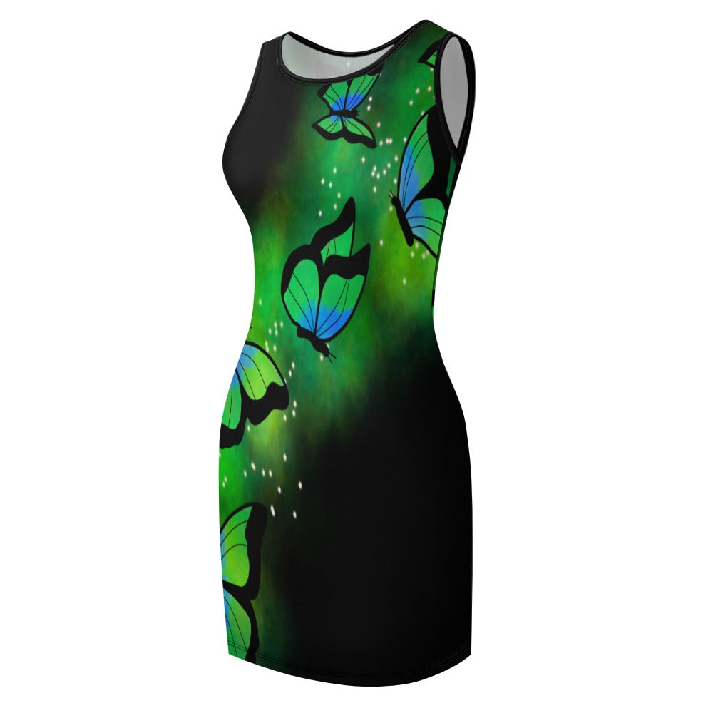 Green Butterflies Slim Fit Sleeveless Tank Dress