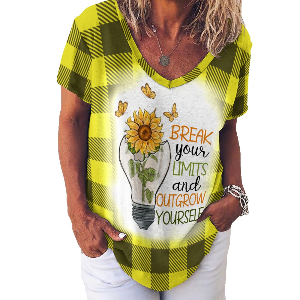 Buffalo Plaid Break Your Limits Sunflower V-Neck Loose Short Sleeve T-Shirt