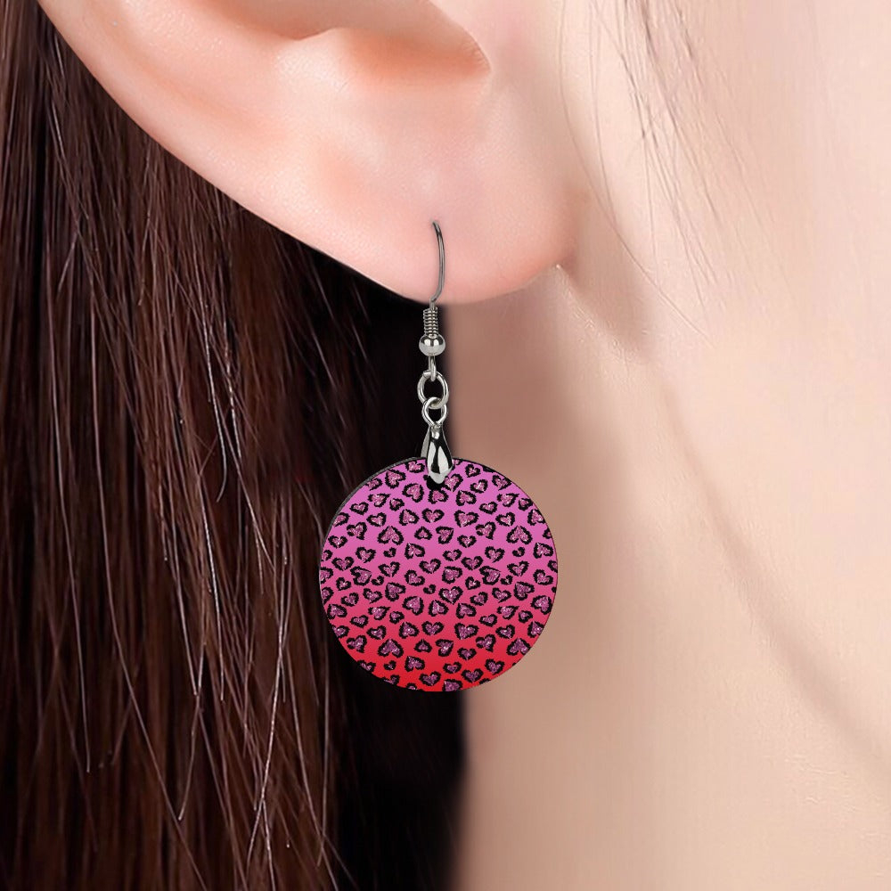 Wooden Pink Leopard Hearts Earrings