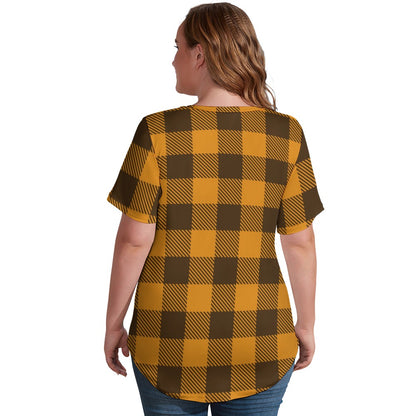 Buffalo Plaid  Stand Tall V-Neck Loose Short Sleeve T-Shirt