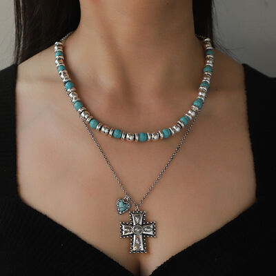 Turquoise Beaded Double-Layered Cross Necklace
