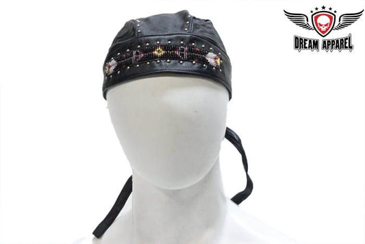 Biker Skull Cap with Beads and Studs
