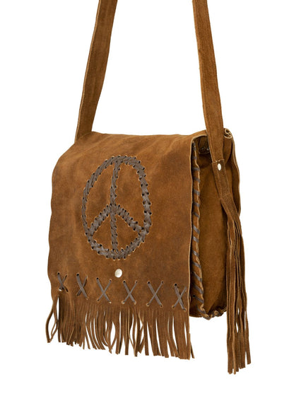 Women's Genuine Brown Suede Pocketbook with Peace Sign