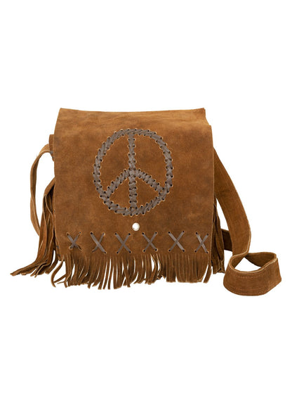 Women's Genuine Brown Suede Pocketbook with Peace Sign