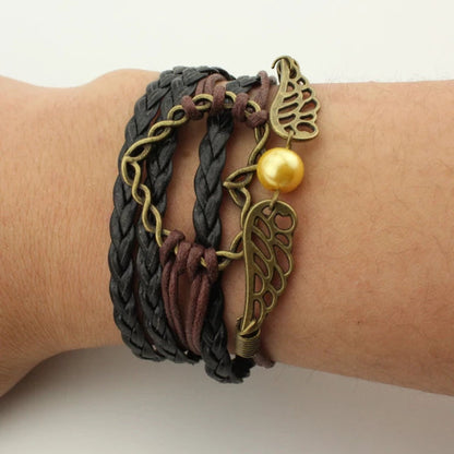 Black Brown Hearts and Wings Multi-Layered Bracelet