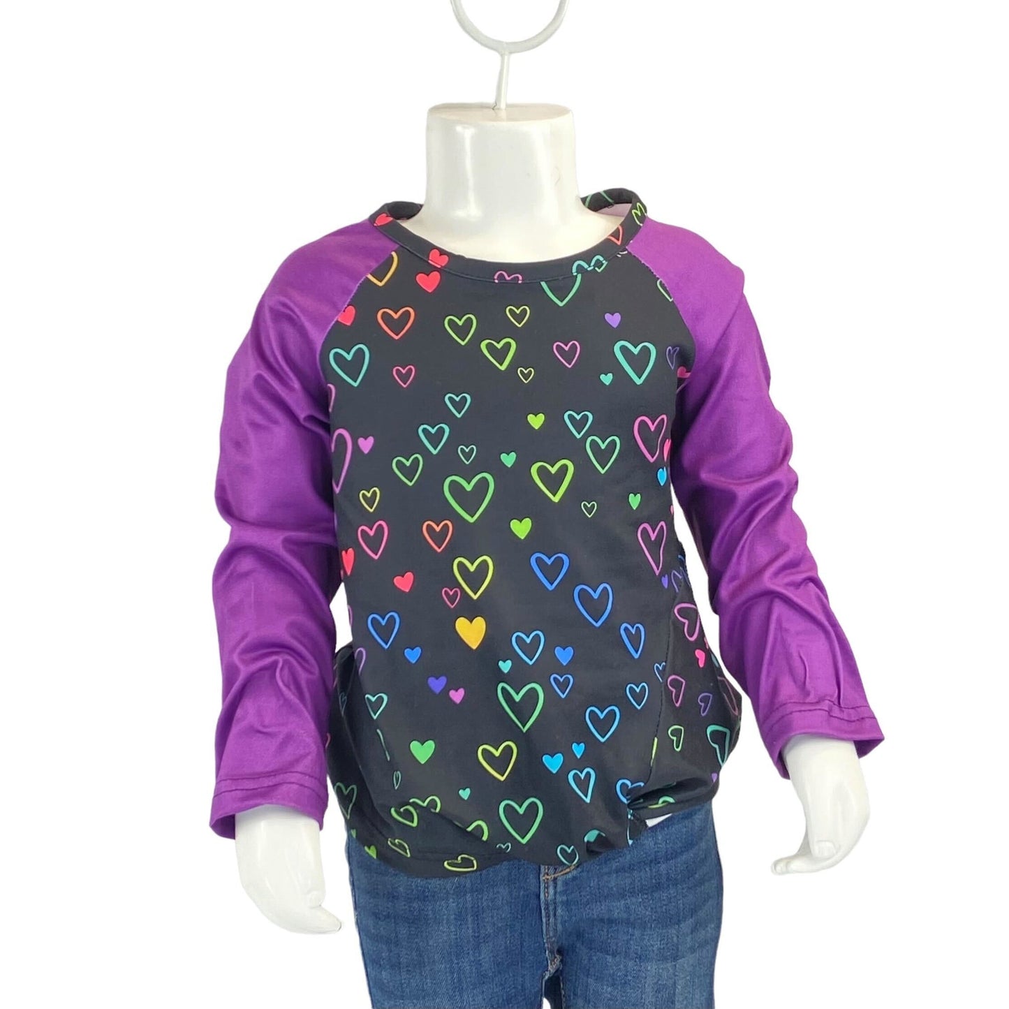 Colorful Hearts Shirt with Purple Sleeves