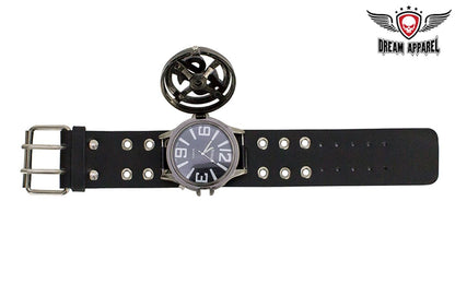 Black Leather Watch with Spinning Dollar Sign