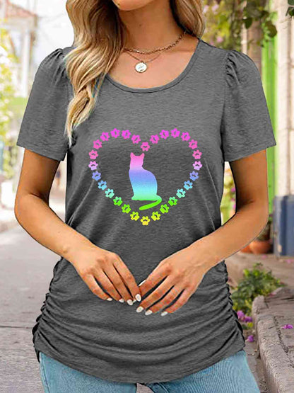 Full Size Cat Heart Graphic Short Sleeve T-Shirt