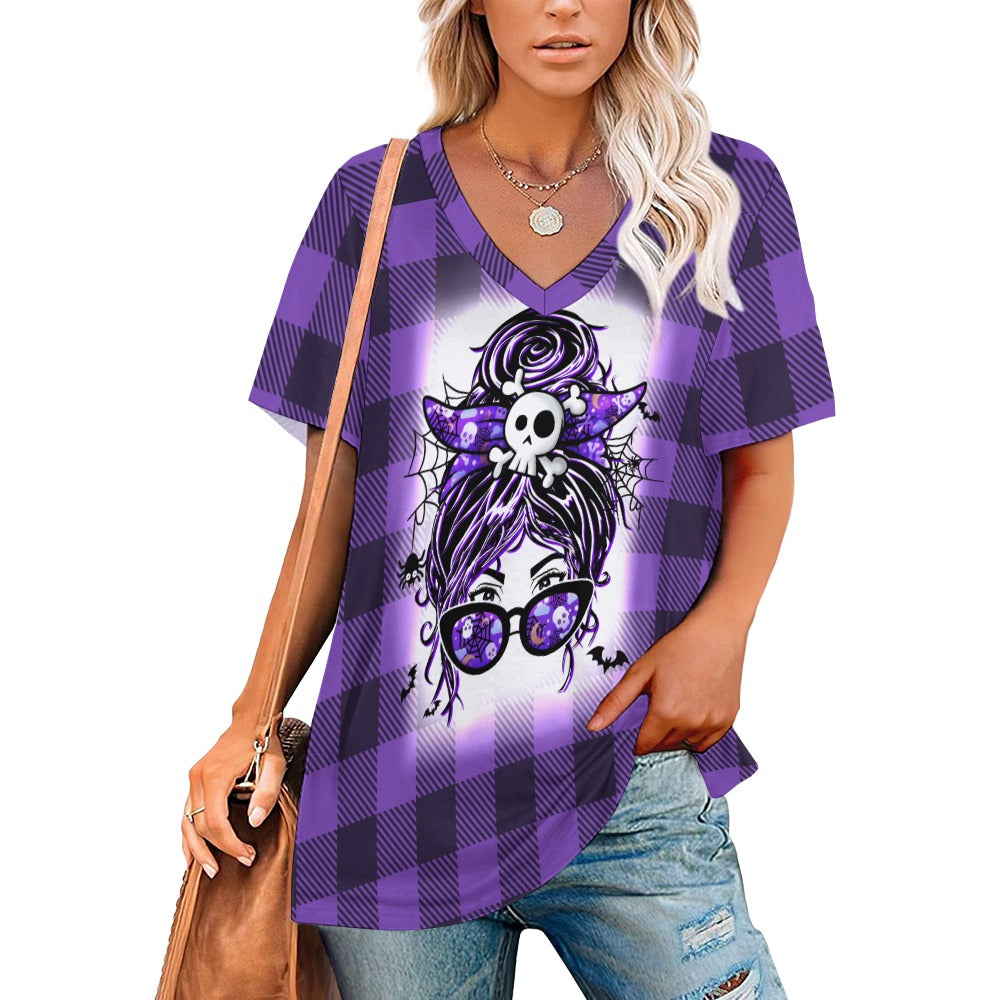 Buffalo Plaid  Witchy Ladies V-Neck Loose Short Sleeve T-Shirt