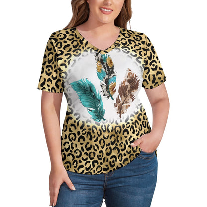 Western Feathers V-Neck Loose Short Sleeve T-Shirt