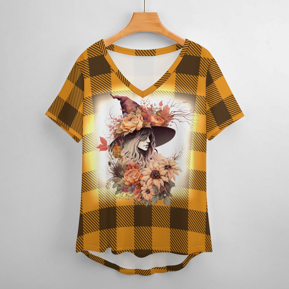 Buffalo Plaid  Witch Ladies V-Neck Loose Short Sleeve T-Shirt