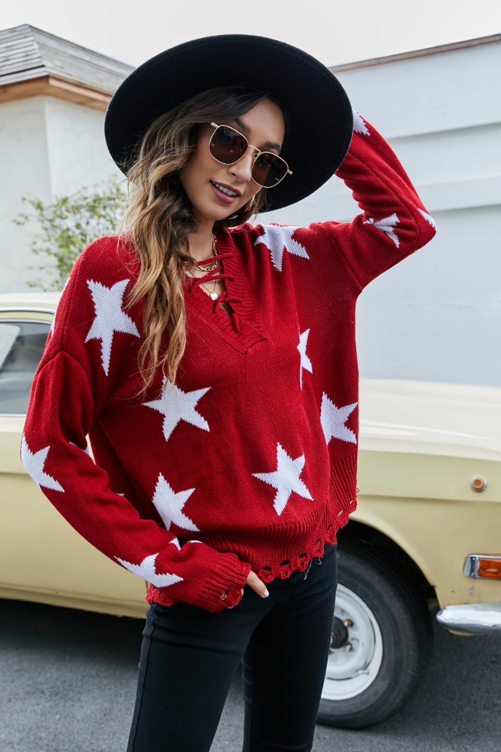 Star Pattern Lace-Up Drop Shoulder Sweater