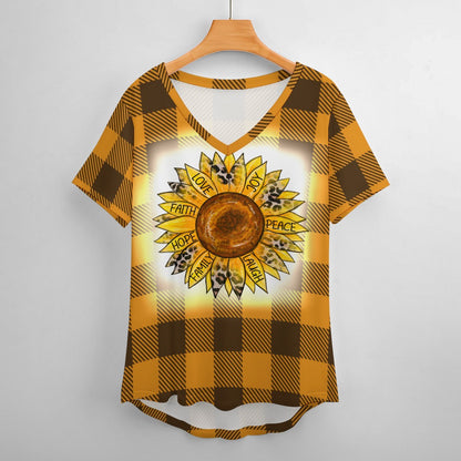 Buffalo Plaid Sunflower V-Neck Loose Short Sleeve T-Shirt